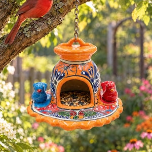 May include: A hanging ceramic bird feeder with a bright orange glaze, featuring hand-painted blue and white floral patterns. The feeder has a central opening filled with seeds, flanked by two small ceramic birds in blue and red.