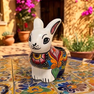 Hand-Painted Talavera Rabbit Planter | Mexican Ceramic Bunny Pot, Folk Art Decor