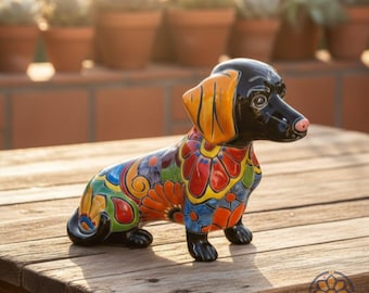 Artisan Talavera Dachshund Sculpture | Hand-Painted Ceramic Wiener Dog | Shipped from Texas