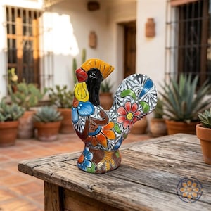 Hand Painted Talavera Rooster Sculpture | Mexican Folk Art Ceramic Bird | Shipped from Texas