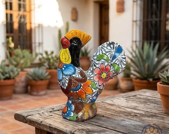 Hand Painted Talavera Rooster Sculpture | Mexican Folk Art Ceramic Bird | Shipped from Texas