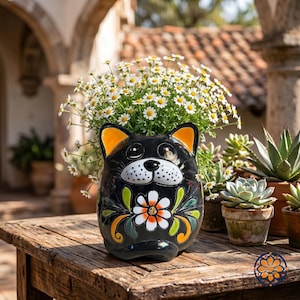 Hand-Painted Talavera Black Cat Planter | Mexican Ceramic Chubby Cat Flower Pot | Ships from Texas