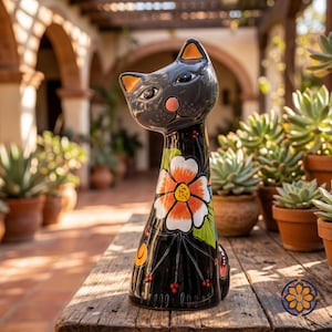 May include: A black ceramic cat figurine with a floral design. The cat has a pink nose, orange-tipped ears, and a large flower on its chest. The figurine is on a wooden surface, with plants in the background.