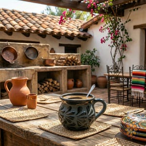 Peut inclure: Un mug en céramique gris foncé avec un motif de feuilles en relief est posé sur un set de table tressé sur une table en bois. À proximité se trouvent un pichet en terre cuite, une petite tasse, une pile d'assiettes colorées et une cuillère.