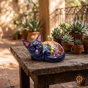 May include: A dark blue ceramic cat ornament in a relaxed pose, with a vibrant floral pattern on its back. The design incorporates red, yellow, and blue. The cat sits on a weathered wooden table, with potted succulents visible in the background.