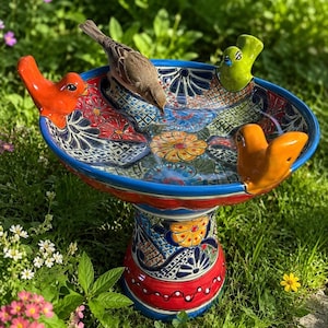 Handpainted Talavera Ceramic Bird Bath, Mexican Folk Art Garden Decor