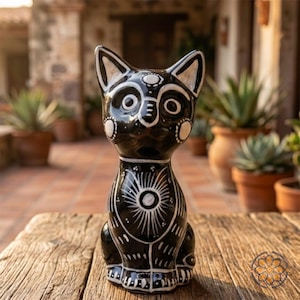 May include: A black ceramic cat figurine with white accents. The cat has large eyes and a sunburst design on its chest. The figurine is sitting on a wooden surface, with a blurred background of plants and terracotta pots.