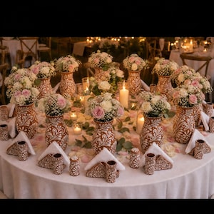 May include: A round table set with multiple terracotta vases featuring white hand-painted floral patterns. Each vase holds a bouquet of pink and white roses with baby's breath. Matching terracotta napkin holders and small candle holders are arranged.