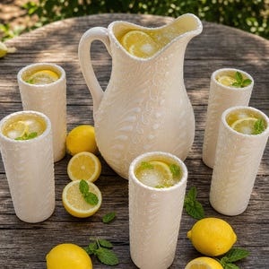 Puede incluir: Una jarra de cerámica color crema y cuatro vasos altos a juego, cada uno con un patrón en relieve similar a plumas. La jarra y los vasos están llenos de un líquido amarillo, cubitos de hielo, rodajas de limón y hojas de menta verde.