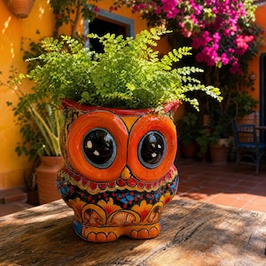Hand-Painted Talavera Owl Planter — Mexican Folk Art Ceramic Pot