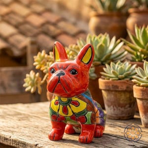 May include: A ceramic bulldog figurine with a vibrant red glaze. The dog has yellow-lined ears and a colorful floral pattern on its body. The figurine is displayed on a wooden surface, with potted plants in the background.