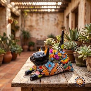 Hand-Painted Talavera Cat Planter Ring Holder | Mexican Folk Art Jewelry Organizer Stand | Ships from Texas
