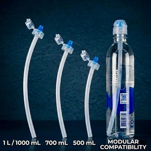 May include: Clear plastic water bottle with a blue cap and a white straw. Three additional straws with blue caps are displayed, labeled for 1000 ml, 700 ml, and 500 ml bottles. The text "MODULAR COMPATIBILITY" is also visible.