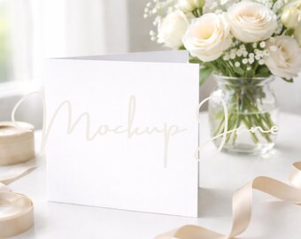 May include: A white folded card with the word "Mockup" and "Jane" in a delicate script. A bouquet of white roses and baby's breath sits in a clear glass jar. A roll of beige ribbon and a small container are also present.