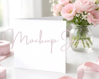 May include: A white folded card with the text "Mockup Jane" in a soft pink script. A bouquet of pink flowers in a glass jar and pink ribbon are on the white surface. The scene is bright and airy, suggesting a wedding or stationery theme.