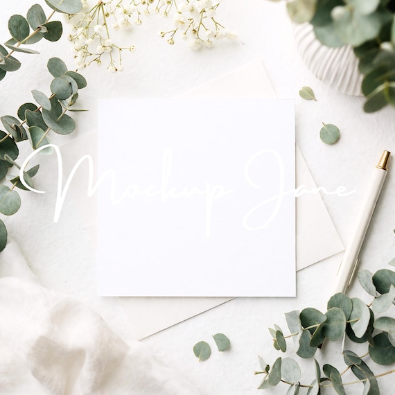 Greeting Card Mockup 6x6 Square white card / Boho style eucalyptus Flatly card / PNG Image to edit in software.