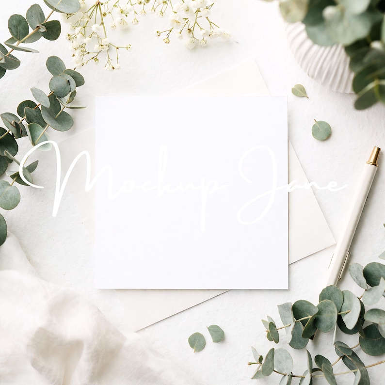 May include: A flat lay featuring a blank white square card with the text "Mockup Jane" in a delicate script. The card is surrounded by eucalyptus leaves, white flowers, a white pen, and a white envelope, all arranged on a white surface.