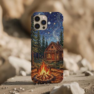 Cozy Cabin Campfire Phone Case iPhone, Samsung, Google Pixel, Stained Glass Forest Night Mosaic