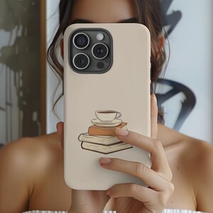 Creamy Vintage Books Phone Case, Neutral Cozy Reader Aesthetic, Minimal Tea Cup Stack Design, Soft Cottage Book Lover Gift Case