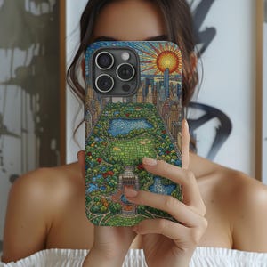 May include: A smartphone case featuring a colorful mosaic design of Central Park in New York City, with a bright sun and city skyline. The case has a blue, green, and brown color scheme.