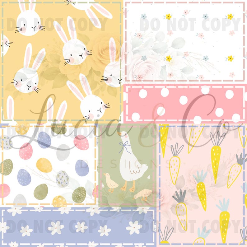 May include: A patchwork design featuring Easter-themed illustrations. The design includes white bunnies on a yellow background, floral arrangements, polka dots, Easter eggs, a goose with chicks, and carrots. The text "Lucia C" is visible.