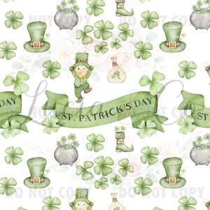 Könnte beinhalten: Ein nahtloses Muster mit St. Patrick's Day-Motiven. Das Design umfasst grüne Kleeblätter, Kobolde, Goldtöpfe, grüne Hüte und ein Banner mit der Aufschrift "St. Patrick's Day" auf weißem Hintergrund mit floralen Akzenten.