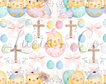 Easter Chicks Bows Cross Seamless Continuous Pattern PNG JPG
