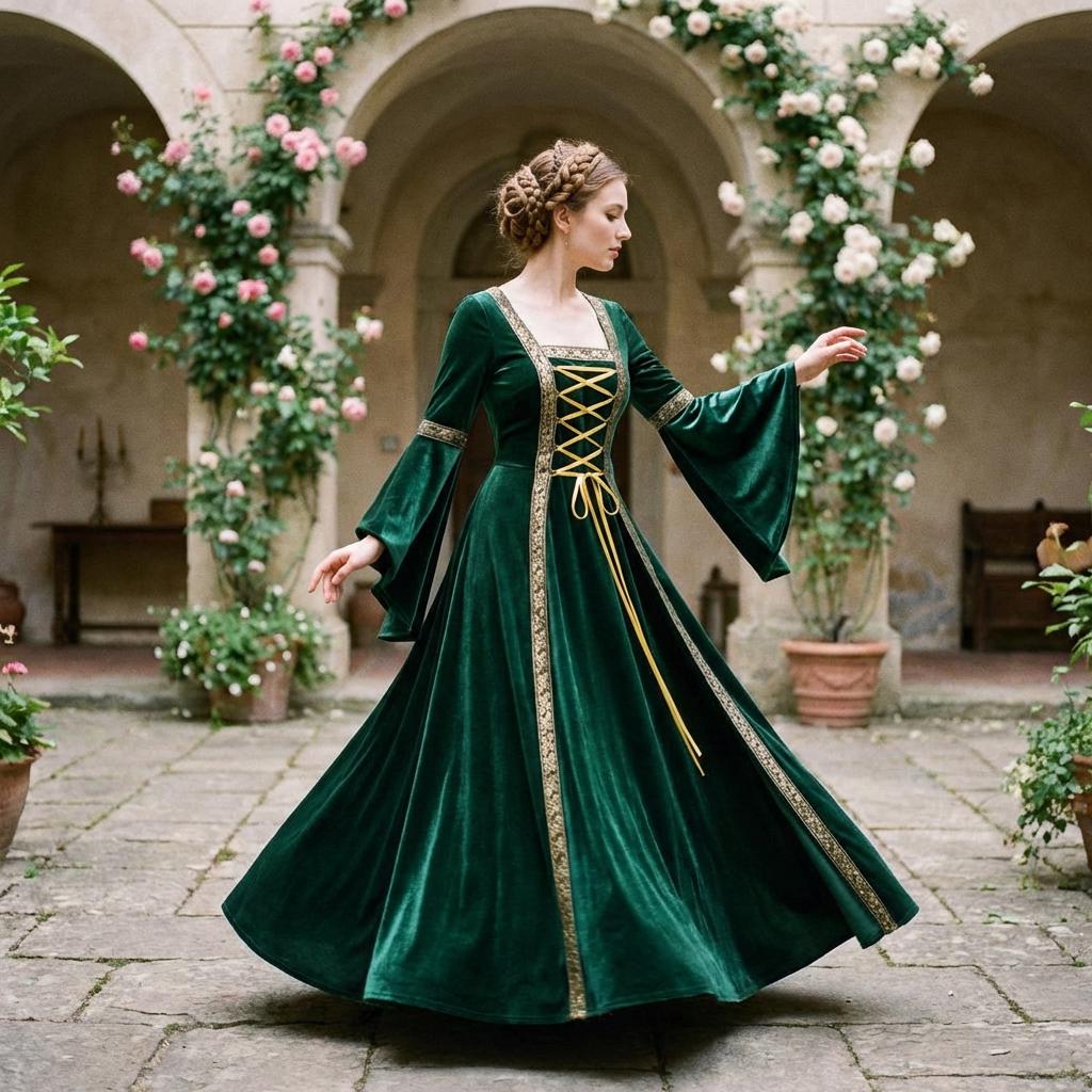 Victorian Renaissance Dress – Green Velvet Effect Long Gown Medieval Style