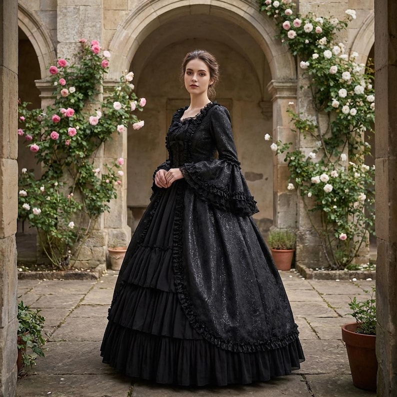 Victorian Renaissance Dress – Black Satin Effect Long Gown Gothic Style ...