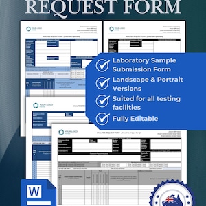 May include: A4 Sample Analysis Request Form. The image shows a stack of forms with the text "Laboratory Sample Submission Form", "Landscape & Portrait Versions", "Suited for all testing facilities", and "Fully Editable". The forms have a blue and white color scheme.