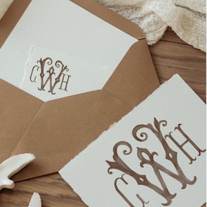 以下が含まれることがあります： 茶色の封筒と、中に白いカード、そして別の白いカードがあり、どちらにも茶色のモノグラムデザインが施されています。カードはデッキリッドエッジです。背景は木製の表面です。