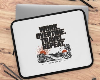 Work Overtime Travel Repeat laptop sleeve | Retro sunset surf scene