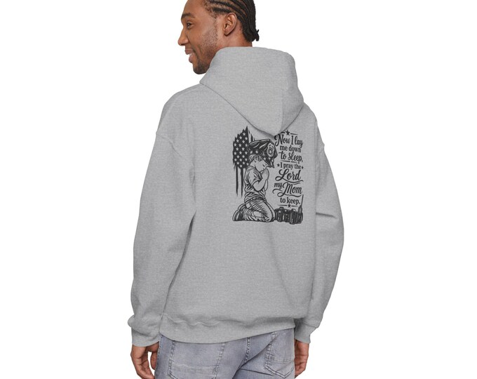 Police Mom| Praying Girl with American Flag Hooded Sweatshirt | Now I Lay Me Down to Sleep Prayer