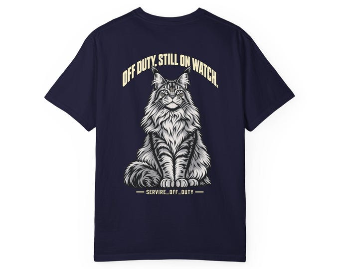 Off Duty Still On Watch Maine Coon Cat T-shirt | SERVIRE chest logo