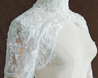 Bolero nupcial romántico de encaje floral con mangas largas, sobrevestido de encaje color marfil para vestido de novia, top nupcial, bolero de cuello alto, accesorio de boda