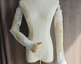 Chantilly Lace Glove Removable Sleeve,Wedding Dress Sleeve,Eyelash Lace Trim Long Detachable Sleeves,Bridal Accessory,Fingerless Gloves