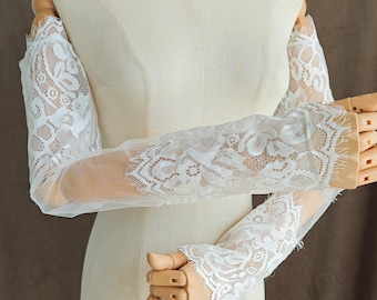Delicate Chantilly Lace Fingerless Gloves,Removable Long Sleeve for Wedding Dress,Eyelash Lace Trim Detachable Sleeves,Bridal Accessory