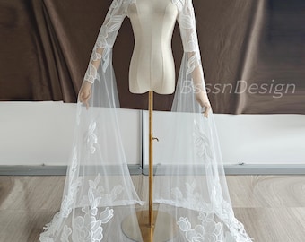 Bolero de encaje con exquisito estampado de peonías, sobrevestido de novia con mangas largas, bolero de novia para vestido de novia, bolero de boda de cuello alto