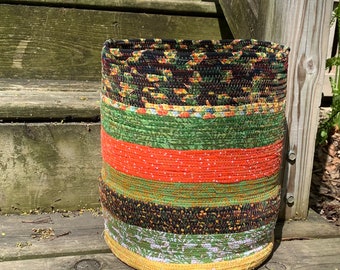 Fabric wrapped cotton clothesline rope basket, plant pot holder.