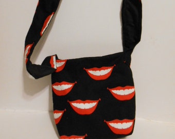 Handmade Lips and Teeth Print Purse,  over the chest/ shoulder purse, 9" by 11"