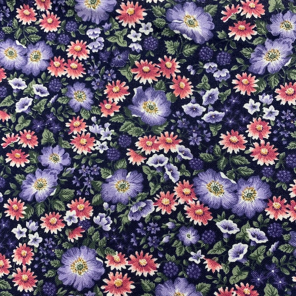 Calico print, blueish, lavender, pinkish/red, flowers,                    1.5 yds. X 44”.    8/22