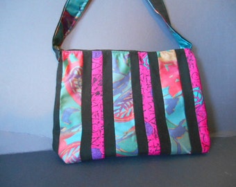 Large Handmade Purse, Deep Pinks, turquoise, purple stripe handbag