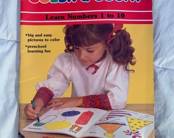 Vintage, Color and Count, Learn numbers 1-10, coloring book, 1986