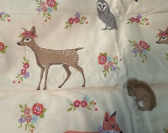 Cotton flannel fabric, 1 yd. 5”, woodland creatures, zoo, fox, owl, birds, patchwork 4/24