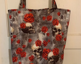 Skull and roses print, Market bag, shopping bag, grocery bag, farmers market, bring your own!