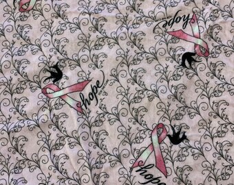 Pink ribbon, hope print flannel cotton fabric.    3/22.