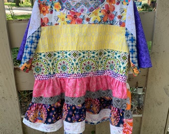 Boho patched strip, pullover blouse, top, patchwork, custom, handcrafted, one of a kind.       Size XL