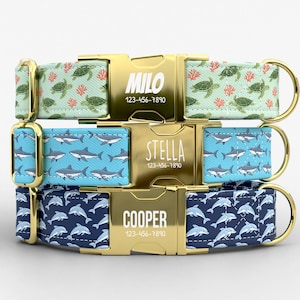 May include: Three personalized dog collars with gold-colored buckles. The top collar has a light green background with turtles and coral. The middle collar has a blue background with sharks. The bottom collar has a navy blue background with dolphins. Each collar has a name and phone number.