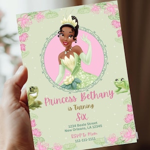 May include: A party invitation for Princess Bethany's sixth birthday. The design features a princess illustration in a green dress, set against a light green backdrop with pink floral details. Includes address and RSVP details.