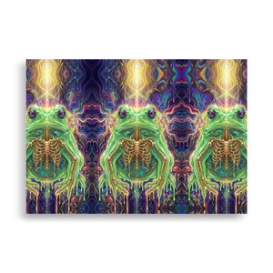 May include: A vibrant art print featuring three green frogs with exposed skeletal structures. The frogs are set against a psychedelic background of swirling blues, purples, and yellows. The artwork has a surreal and mystical theme.